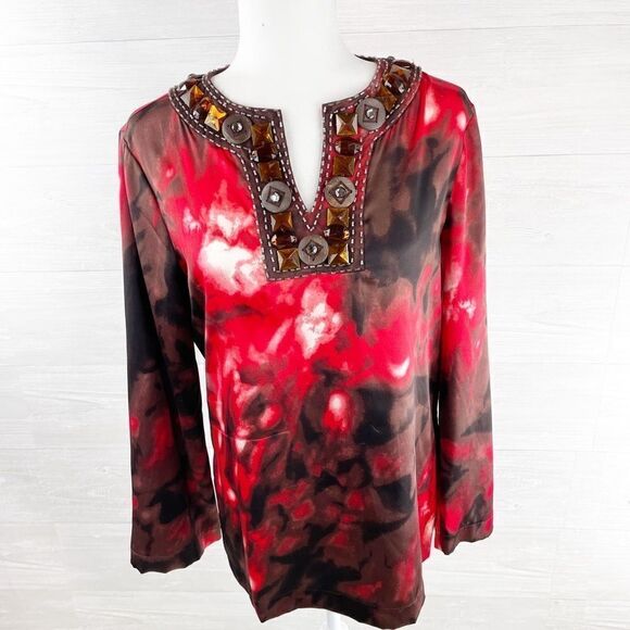 St. John Tie Dye Beaded Silk Blend Tunic Top - Picture 1 of 7